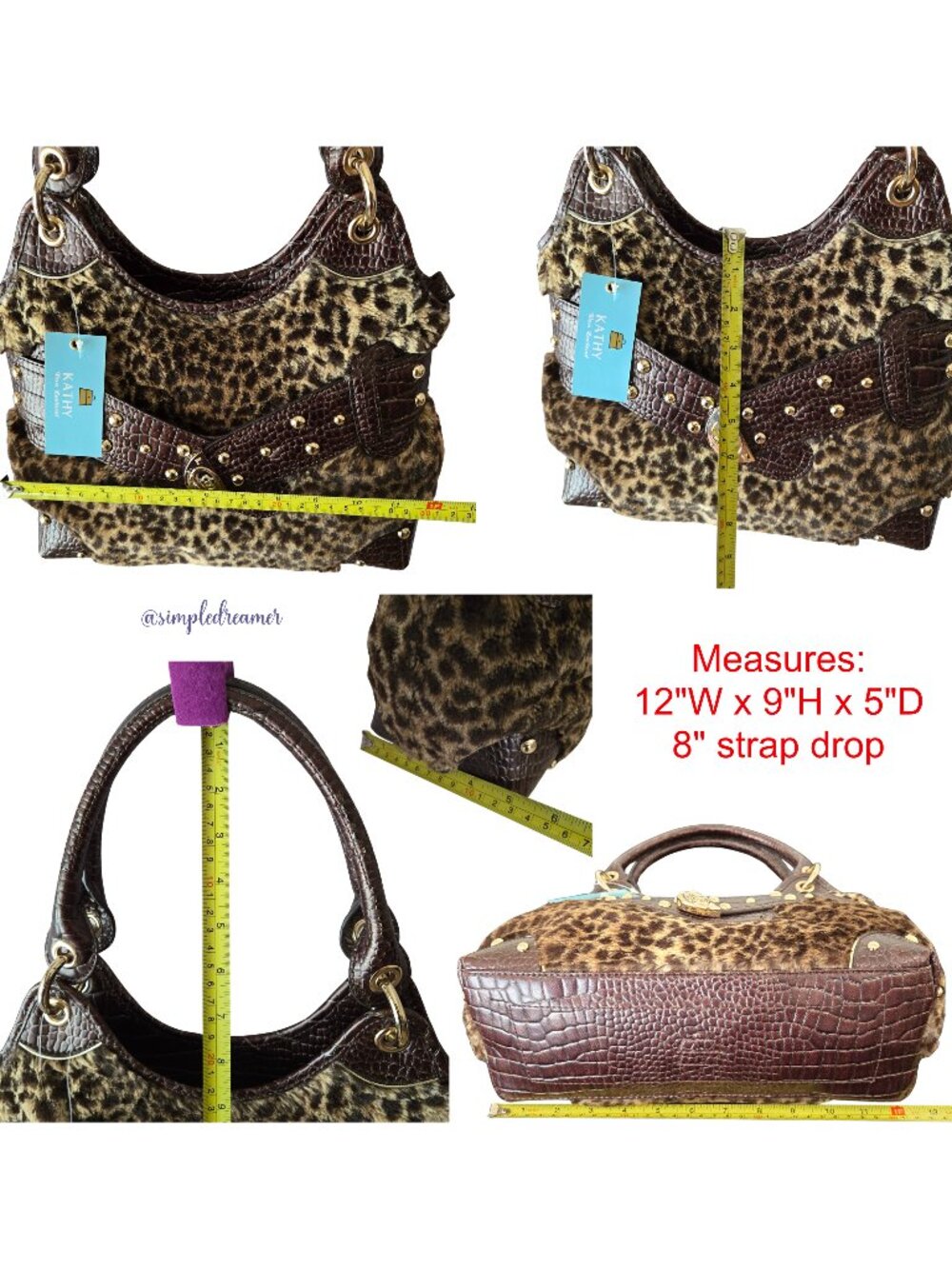 Kathy Van Zeeland Leopard Faux Fur Shopper Shoulder Bag Studded NWT - Picture 3 of 5